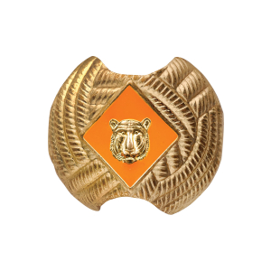 Cub Scout Bear Rank Neckerchief Slide featuring bear head inside orange diamond on gold metal slide